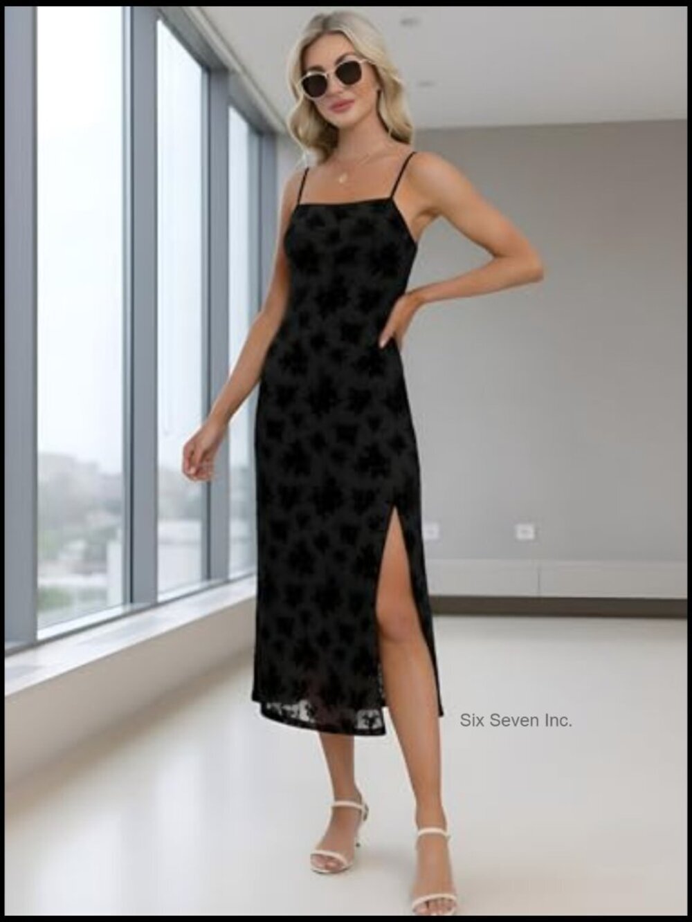 Sleeveless Mesh Midi Dress Spaghetti Strap Square Neck Fit & Flare Summer - Picture 3 of 7